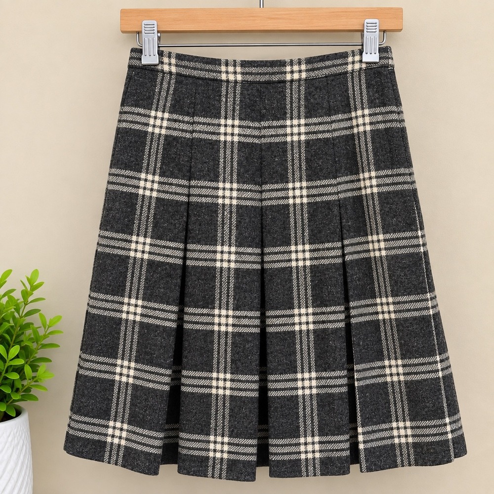VTG Leslie Fay Grey Plaid Wool Pleated Midi A-Line Skirt High Waist Academia